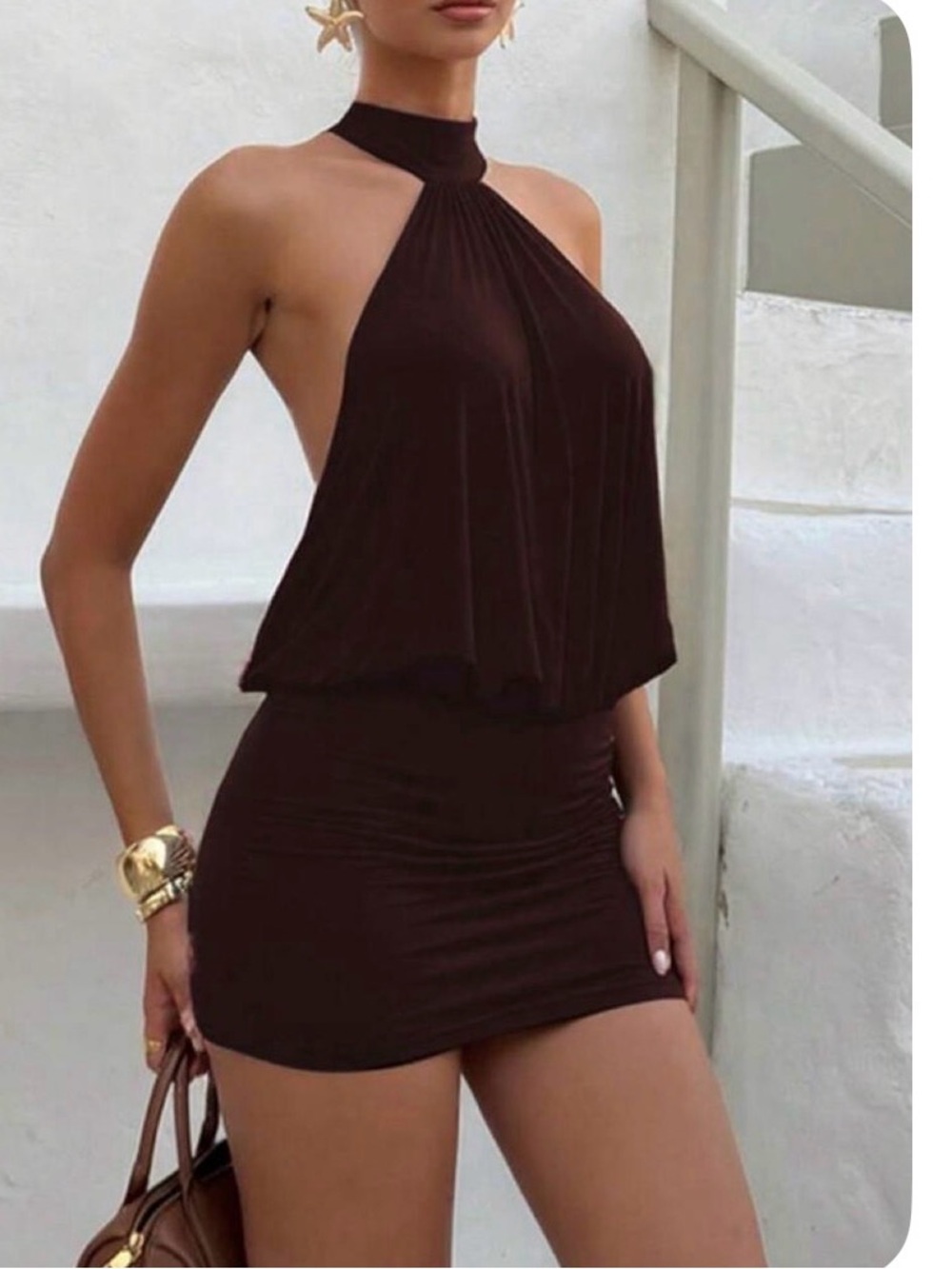 Sleeveless Halter Mini Dress in Dark Brown